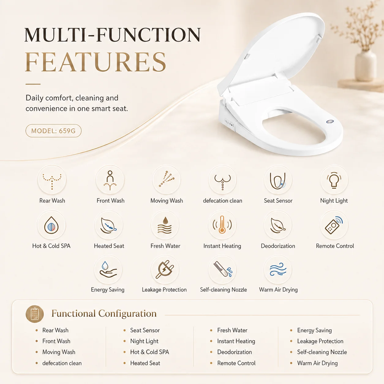 Wealwell Watermark Certified Intelligent Self-Clean Smart Toilet Seat Bidet Remote Control 110V/220V 1-Year Warranty PP Material