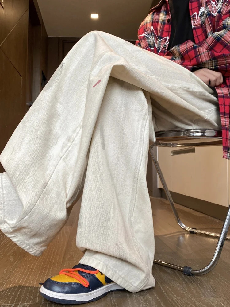 

Белые джинсы с эффектом брызг краски, мужские, весенне-осенние, модные, прямые, широкие брюки в американском стиле, длиной в пол