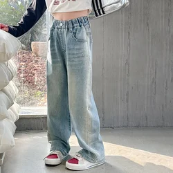 Girls Jeans Summer Thin Fashion Casual Loose Wide Leg Pants for Kids Light Blue All-match School Teen Children Trousers 10 12Y