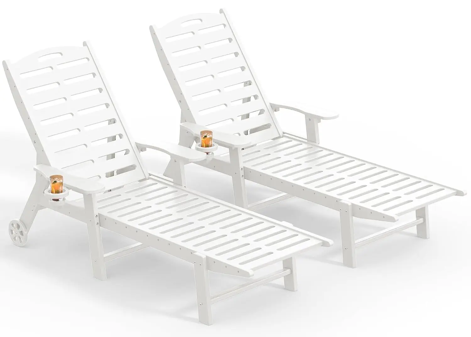 5-Position Adjustable Outdoor Lounge Chair Set 2 with Wheels & Cup Holder, Heavy Duty HDPE Pool Deck Chaise, White, Customized