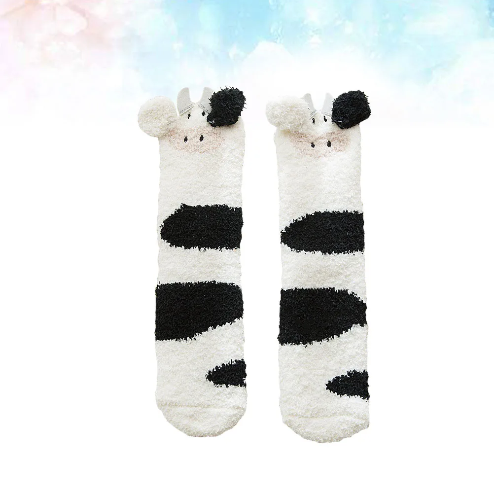 

Winter Stereoscopic Cow Print Socks Thick Coral Fleece Floor Socks Warm Middle Tube Stockings For Women Girls Ladies One