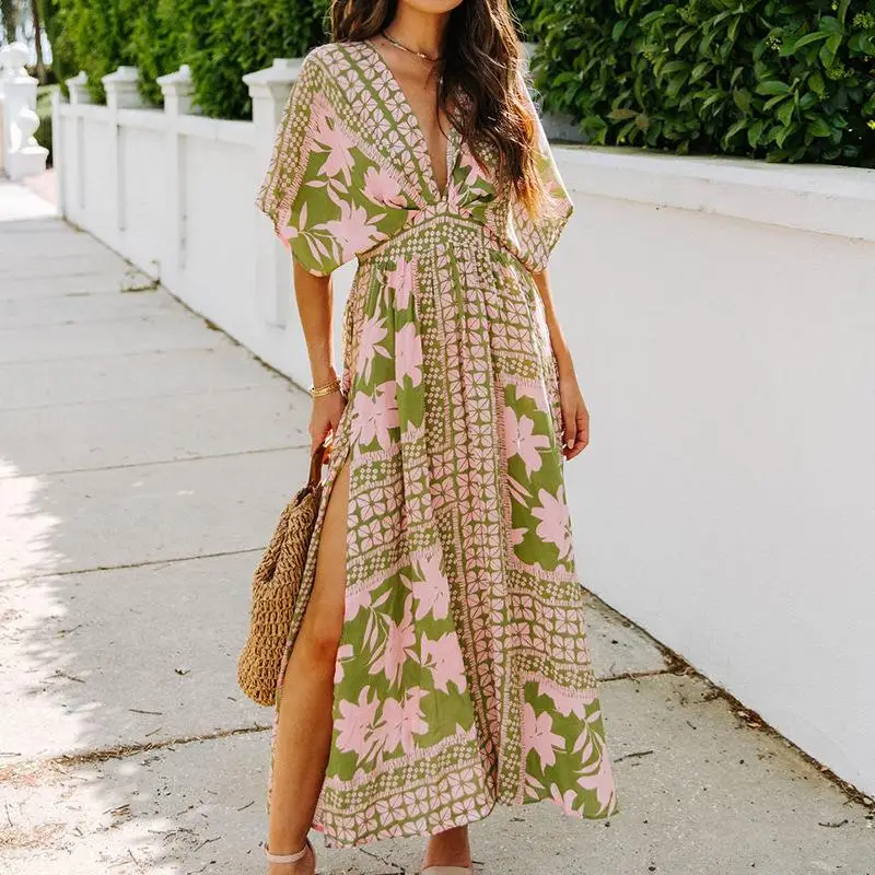 Sexy High Waist Maxi Dr Batwing Sve Floral Print  Dr Women's Faion Polyester Fabric ort Sve One Step Dr