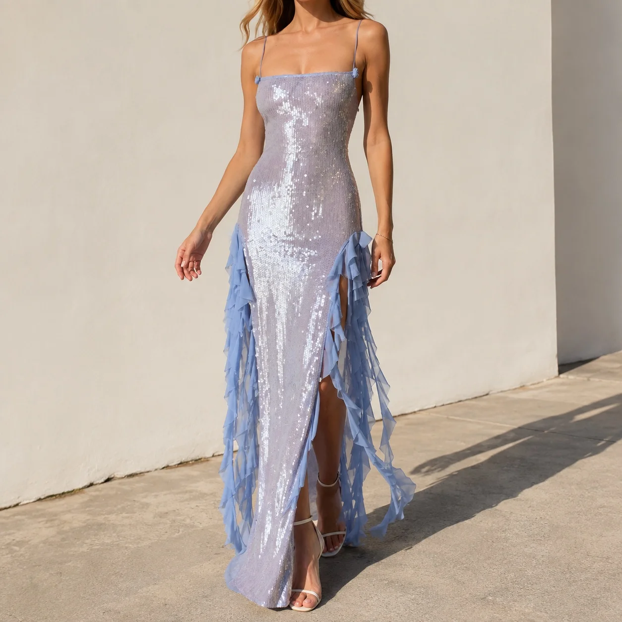 Sequins Sequined Gown Slim Fit Sexy Style with Party Dress Long Dress Sleeveless Private Celebrity Style Autumn for Women