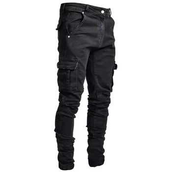 Men Street Elastic Denim Jeans Wash Solid Color Multi Pockets Cargo Pants Casual Slim Fit Daily Wear Joggers Mid Waist Trousers 6
