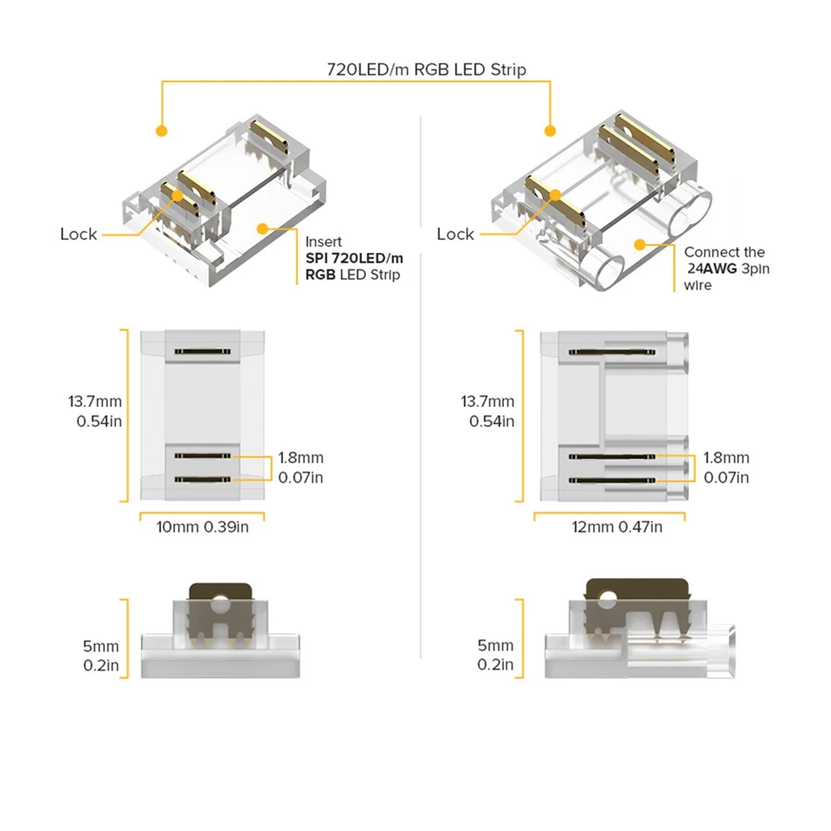 Analyste de connecteurs à couvercle transparent pour bande LED COB RGBIC, connecteurs sans espace avec fil, 3 broches, 12mm, 24 pièces