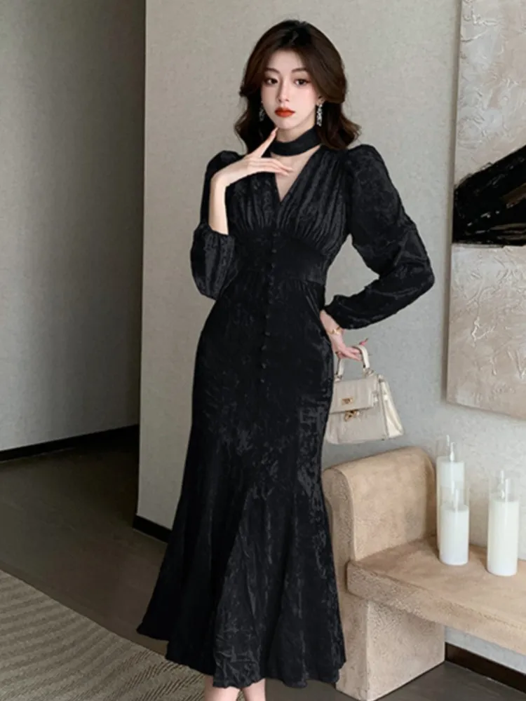 Damska Jesienna Sukienka Balowa w Stylu Francuskim z Aksamitu w Stylu Vintage, Syreni Krój, Długi Rękaw, Elegancka, Dopasowana, Wieczorowa, Vestidos Nowa