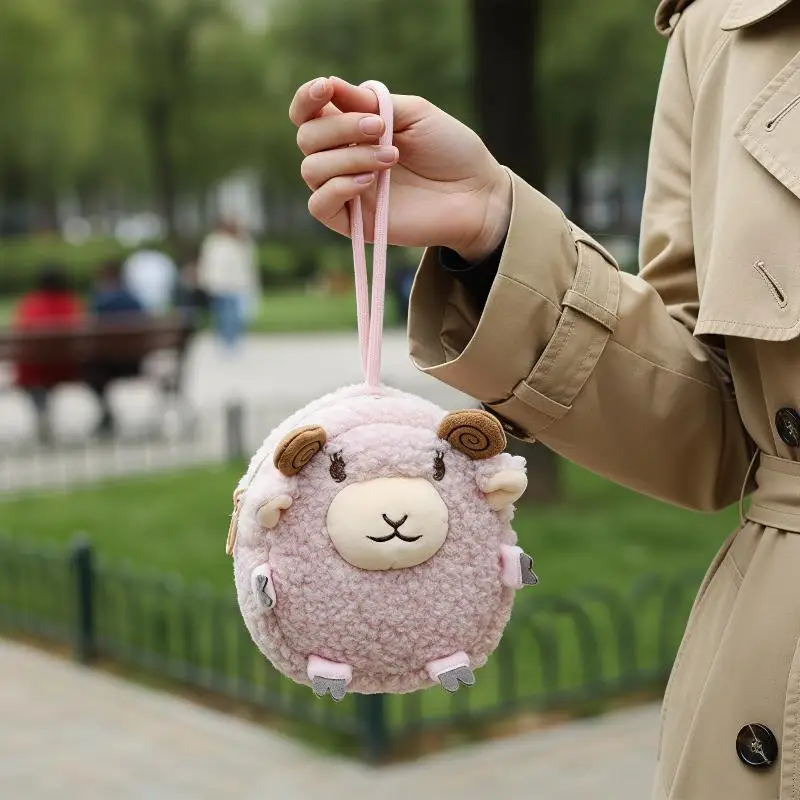 Soft Fluffy Plush Sheep Mini Purse Adorable Cartoon Design Detachable Lanyard For Keys Earbuds Small Accessories For Girls