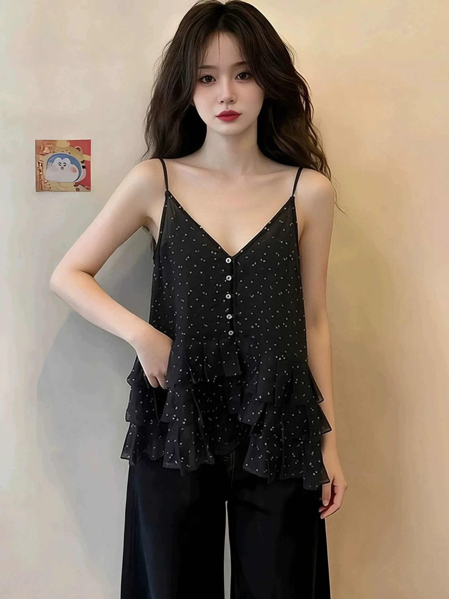 Loose Women's Black Polka Dot V-neck Strapless Vest Summer Lace Trim Outerwear Casual Breathable Single Button Closure H-Shap...