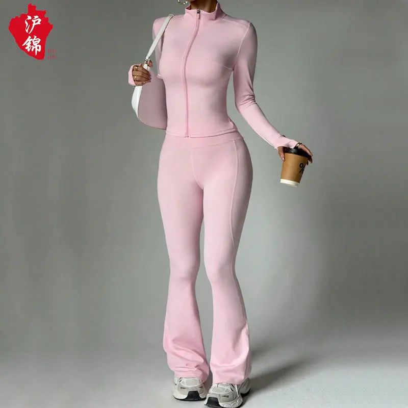 

Комплект для йоги на молнии с длинными рукавами, расклешенные длинные брюки-клеш, комплект для йоги, вторая кожа, бесшовный комплект для фитнеса, йоги, спортивная спортивная одежда для спортзала