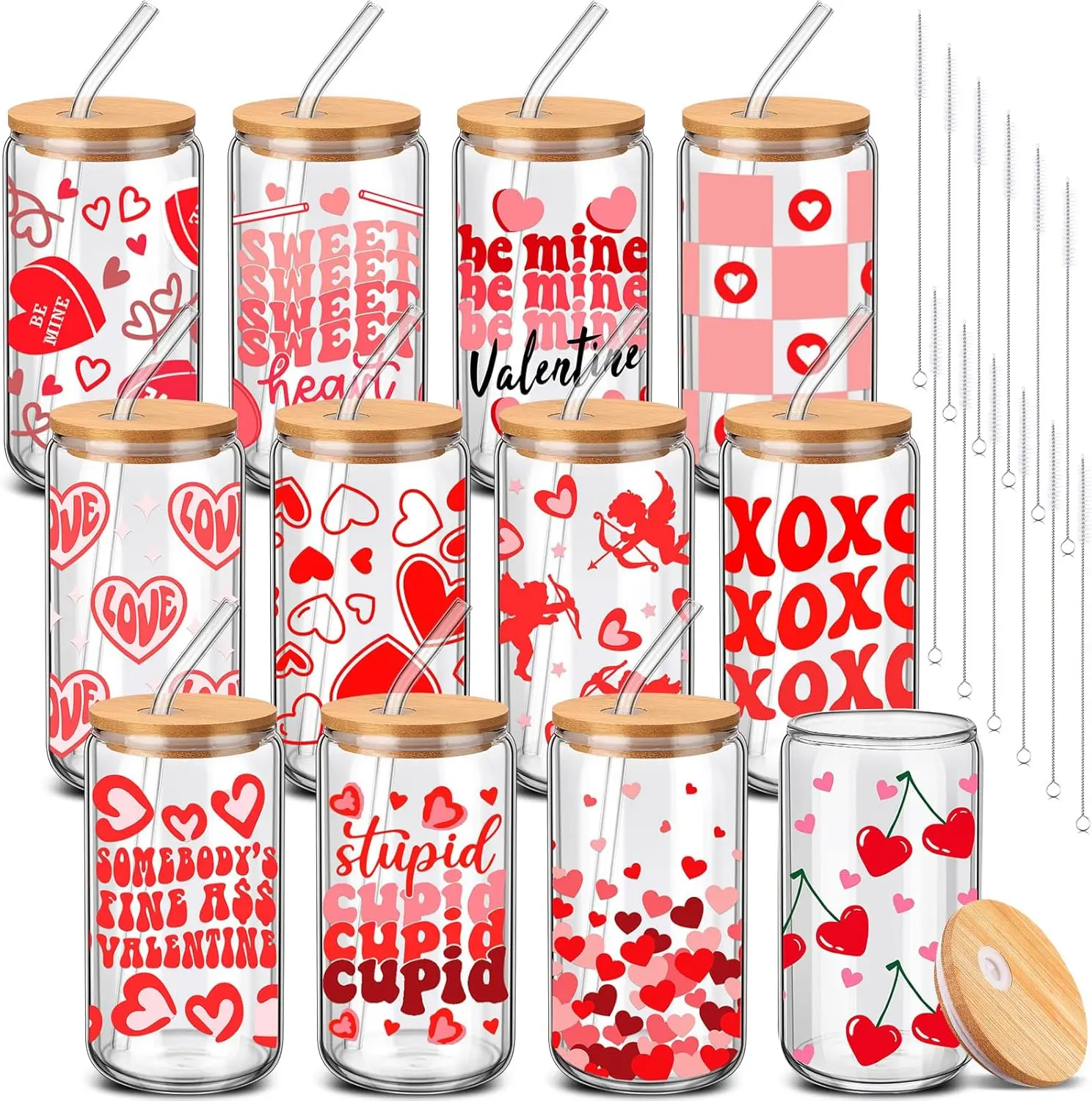 

12 Pcs Heart Glass Cup with Bamboo Lid & Straw, 16 oz Iced Coffee Beer Tumbler for Valentine's Day Party Gifts