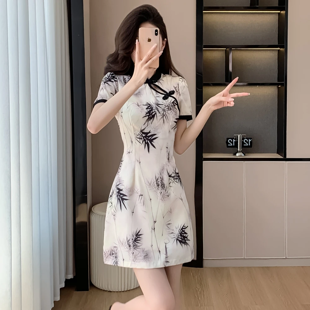 

2024 Chinese Improved Hanfu Cheongsam Dress Women A Line Qipao New Fashion Style Short Sleeve Casual Ink Paint Cheongsam Dress