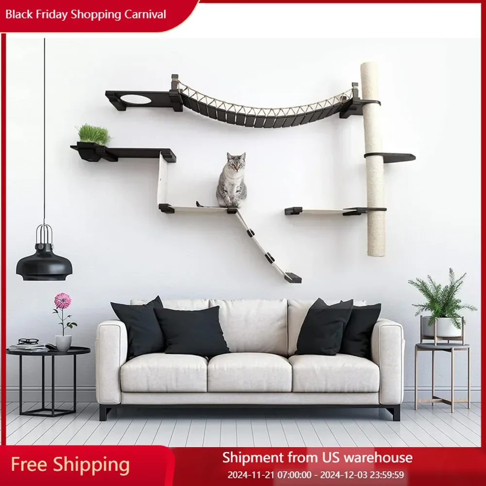 5 Levels Wall Mounted Cat Furniture with Bridge, Hammock, Scratcher & Planter Shelf - Bamboo, Adjustable Furniture & Scratchers