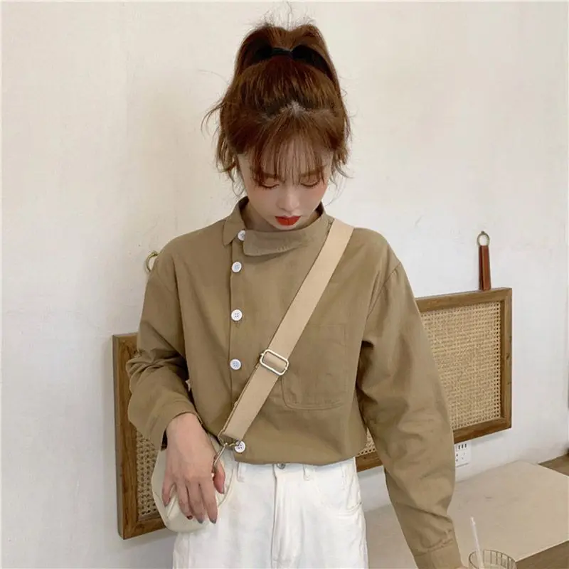 Women's Long-Sleeved Shirt Loose 2023 Early Autumn New Korean Style Irregular Lapel Student Shirt Versatile Bottoming Top