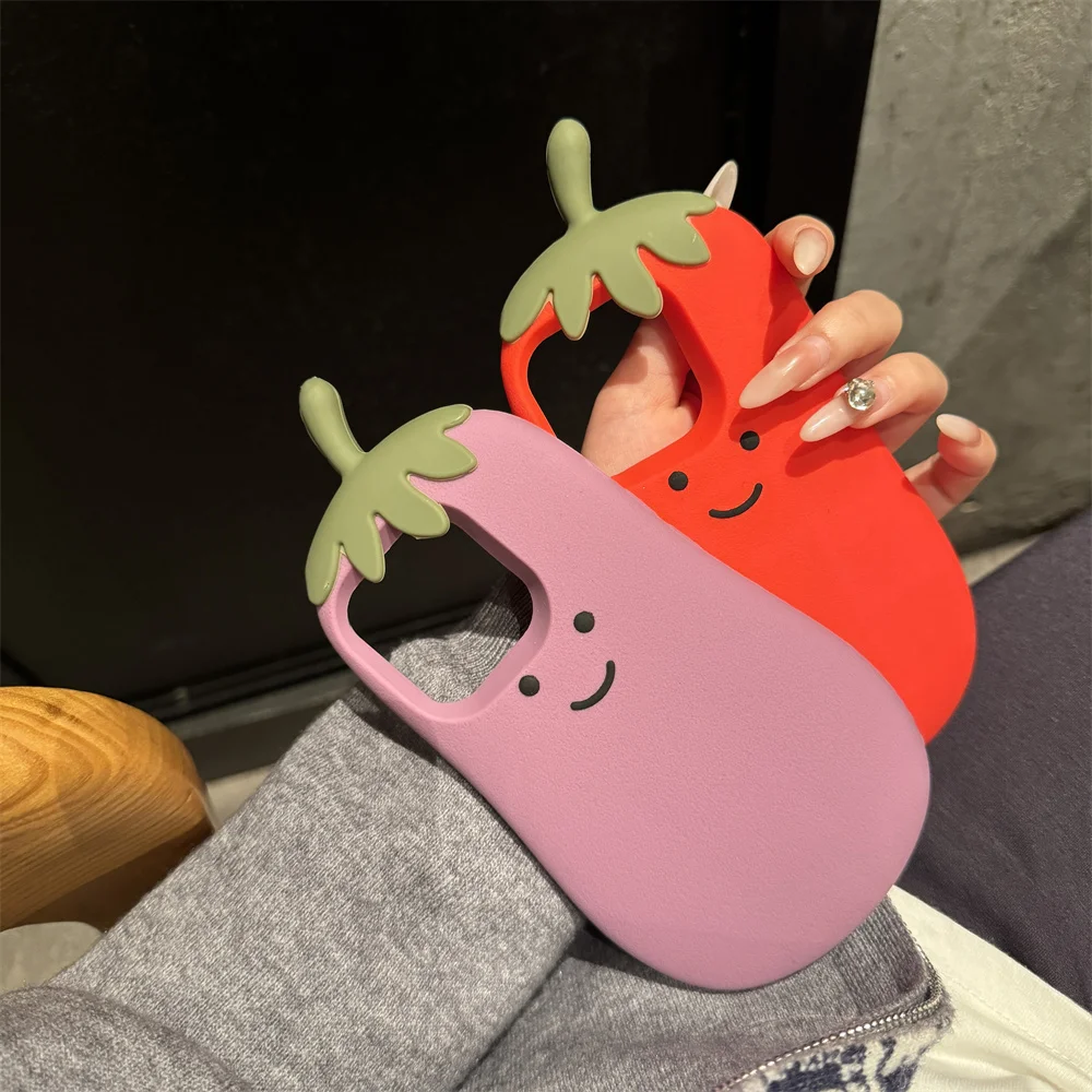 Cartoon 3D Eggplant fruit vegetable Soft Silicone Phone Case For iPhone 16 15 14 13 12 11 Pro Max Plus Anti Drop Cover