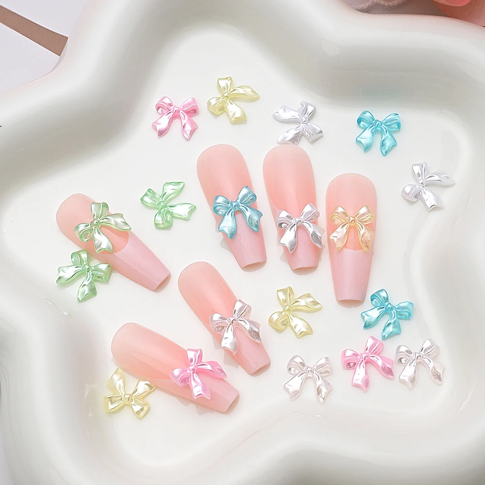 100Pcs 3D Pearl Color Bow-Knot Nail Art Charms Cute Resin Pearl White Ribbon Bow Nail Rhinestones Bow Designs Nail Art Supplies