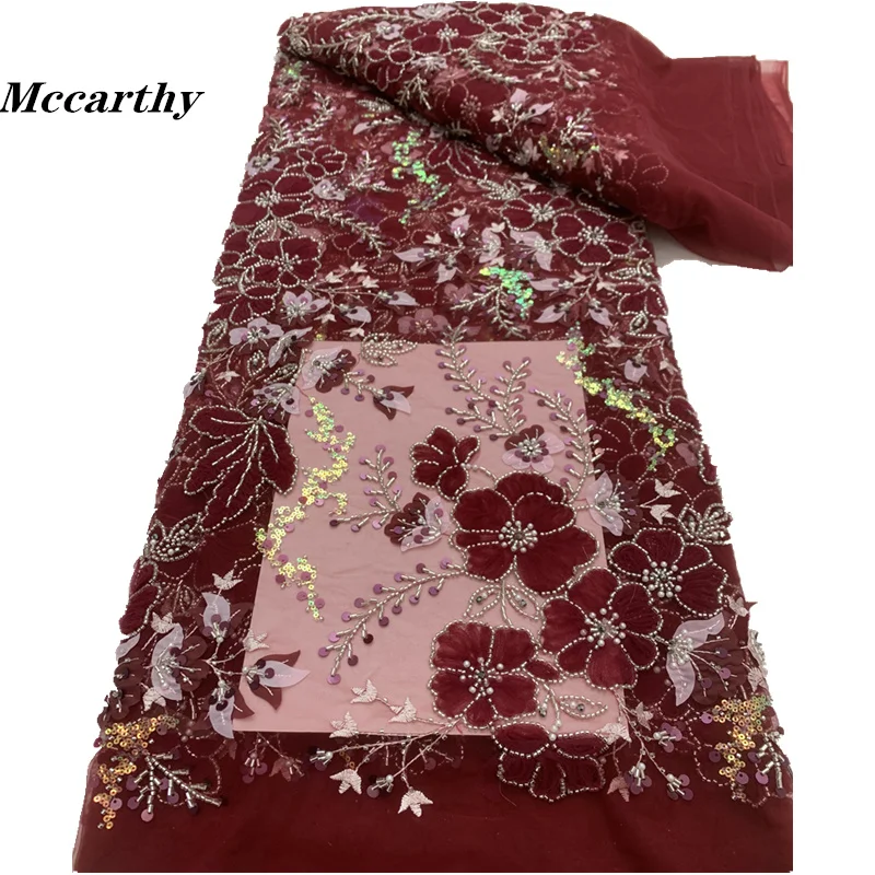 

Mccarthy Wine Luxury African Sequins Lace Fabric 2024 High Quality French Nigerian Groom Beaded Lace Fabric For Sewing Dress