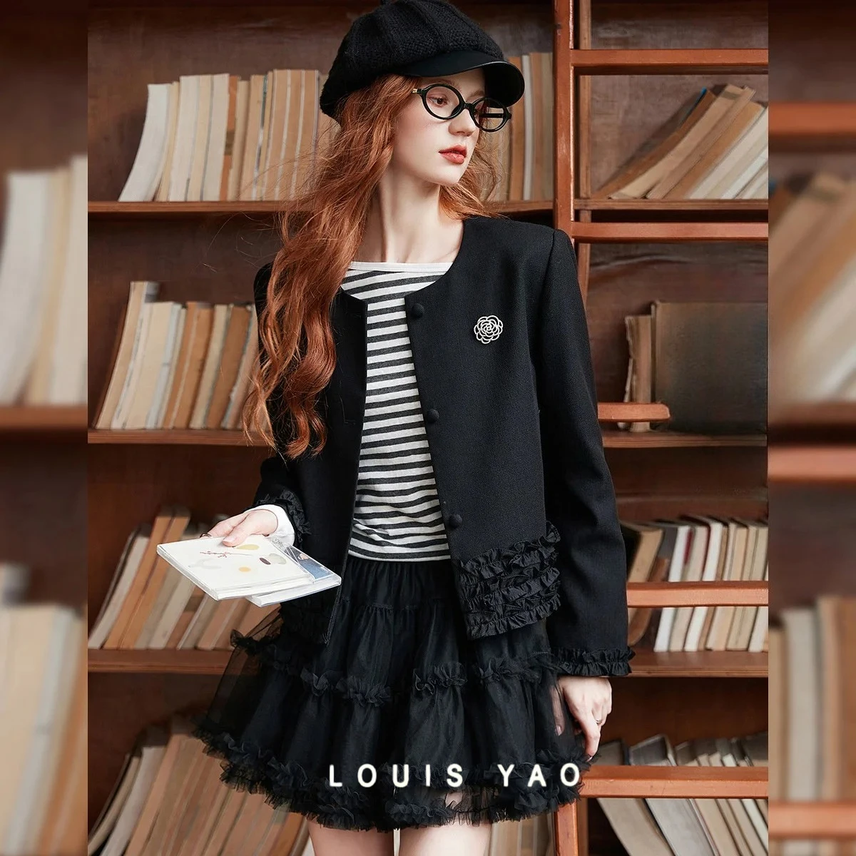 

LOUIS YAO New Splicing Shirring Edge Women's Coat 2025 Autumn Fashion Jackets Elegant Design Detachable Brooch Cardigan