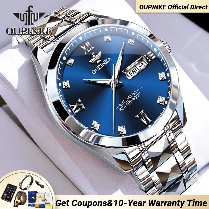 

OUPNKE Business Blue Men's Watches Fully Automatic Mechanical Wristwatch for Men Date Week Waterproof Luminous Luxury Watch