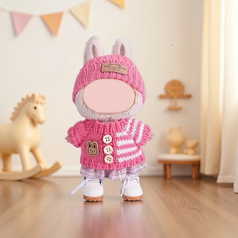 مجموعة واحدة من مجموعات الملابس الوردية مناسبة لـ Labubu (وشاح الرأس + سترة + نمط مجموعة التنورة، باستثناء الدمى) دمية ذاتية الصنع