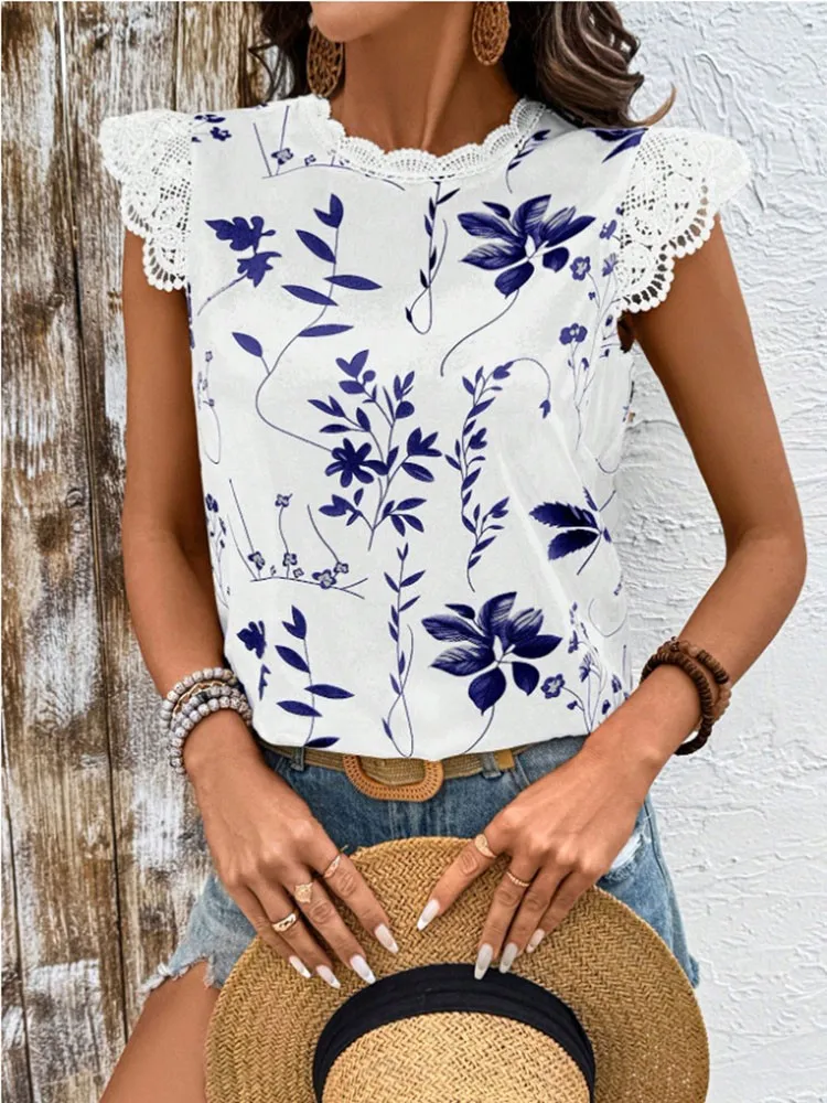 ฤดูร้อนของผู้หญิงใหม่สบายๆสบายๆแฟชั่นรอบคอพิมพ์ใบบัวชีฟองเสื้อแขนสั้นสําหรับผู้หญิง