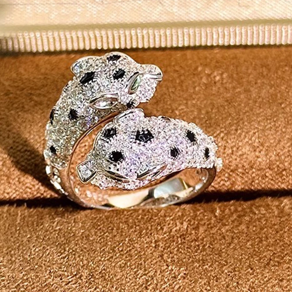 

Кольца с двойной пантерой и леопардовым принтом, серебро 925, черное пятно, циркон, карбоновый бриллиант, открытое кольцо, роскошные дизайнерские украшения для мужчин или женщин