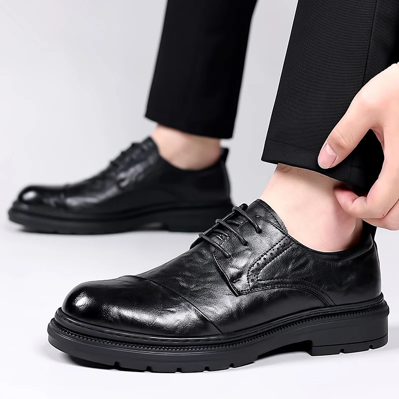 

New Men Business Social Office Formal Leather Oxford Shoes Comfort Breathable Thick Bottom Waterproof Slip-on Round Toe Shoes