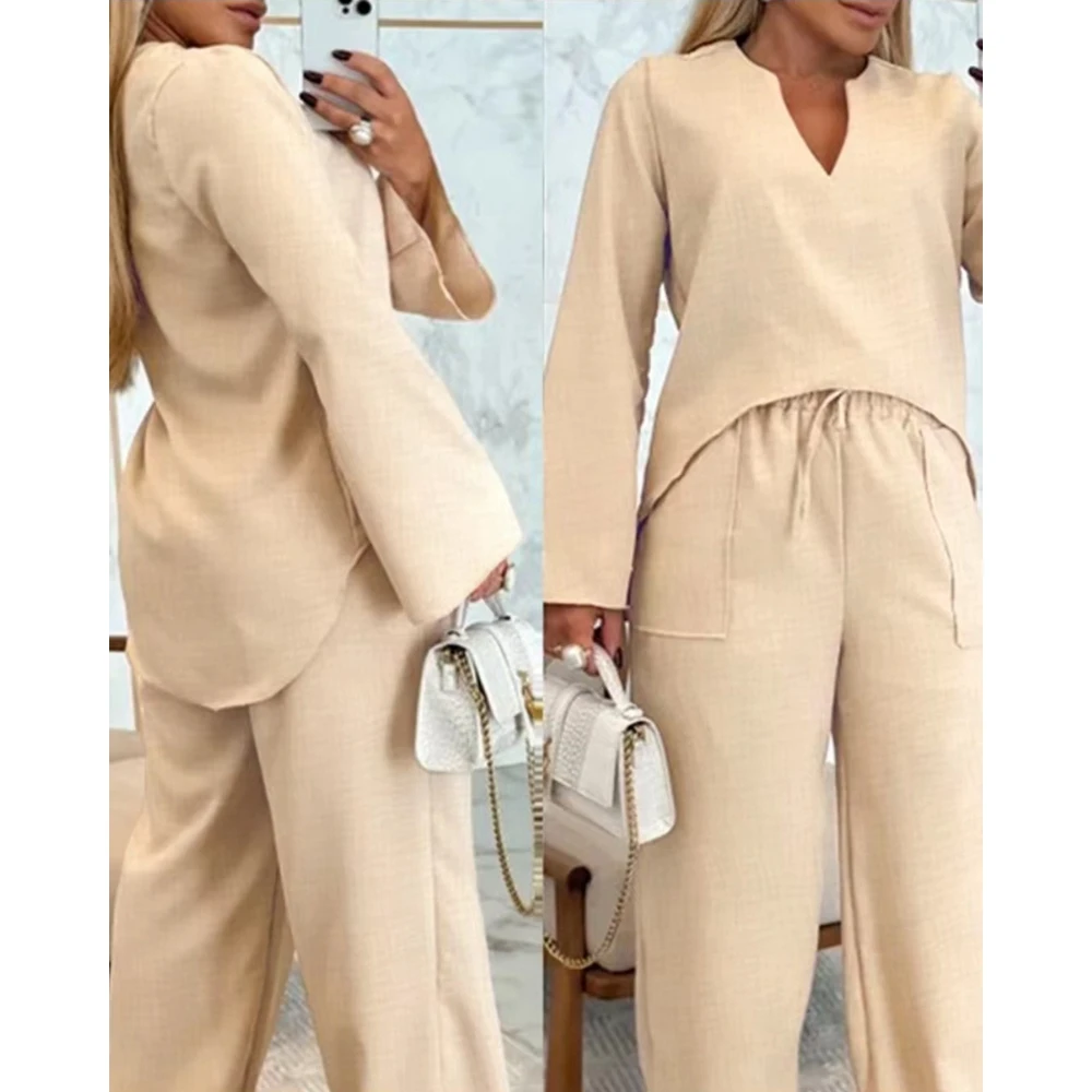 Women Asymmetrical Hem Notch Neck Long Sleeve Top & Drawstring Straight Leg Pants Set Elegant Lady Work Wear