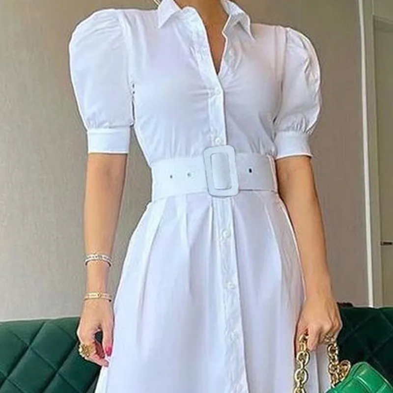 2023 New High Waist Temperament Solid Color Mid length Skirt Slim Fit Bubble Sleeve Dress with Belt robe longue summer