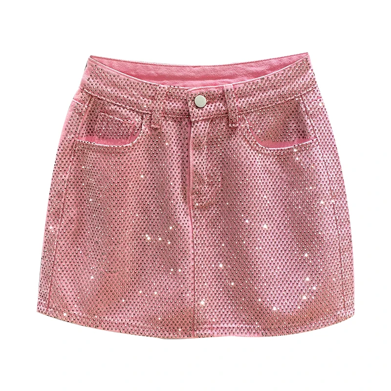 2024 Summer New Style Pink High Waist Denim Skirt Women's Fashion Heavy Embroidery Hot Drilling  A- Line Hips Skirt