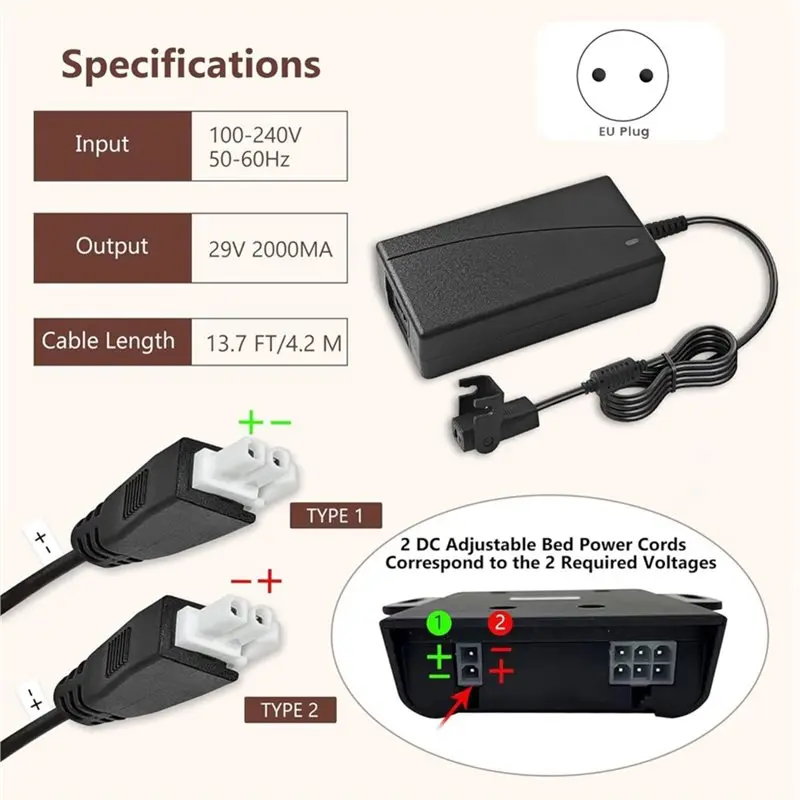 A01F-Adjustable Bed Base Power Supply Adapter, Electric Bed Replacement Parts Power Cord Kit For Ergo, Extend, Sealy