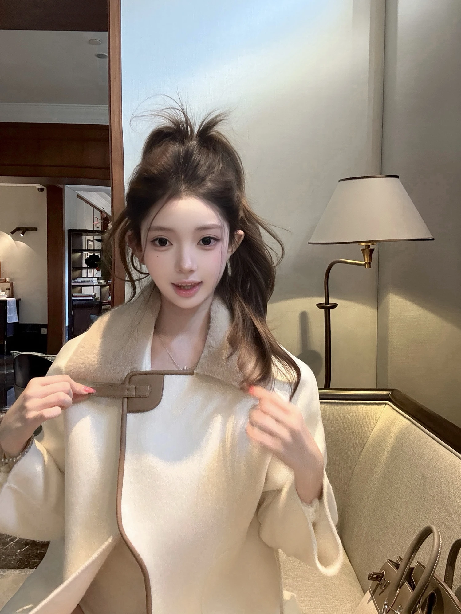 

Kubiliv Retro Luxury Women's Woolen Coat Double-Faced Tweed Jaet with Leather Strap Korean Sle Loose Fit Winter Outerwear