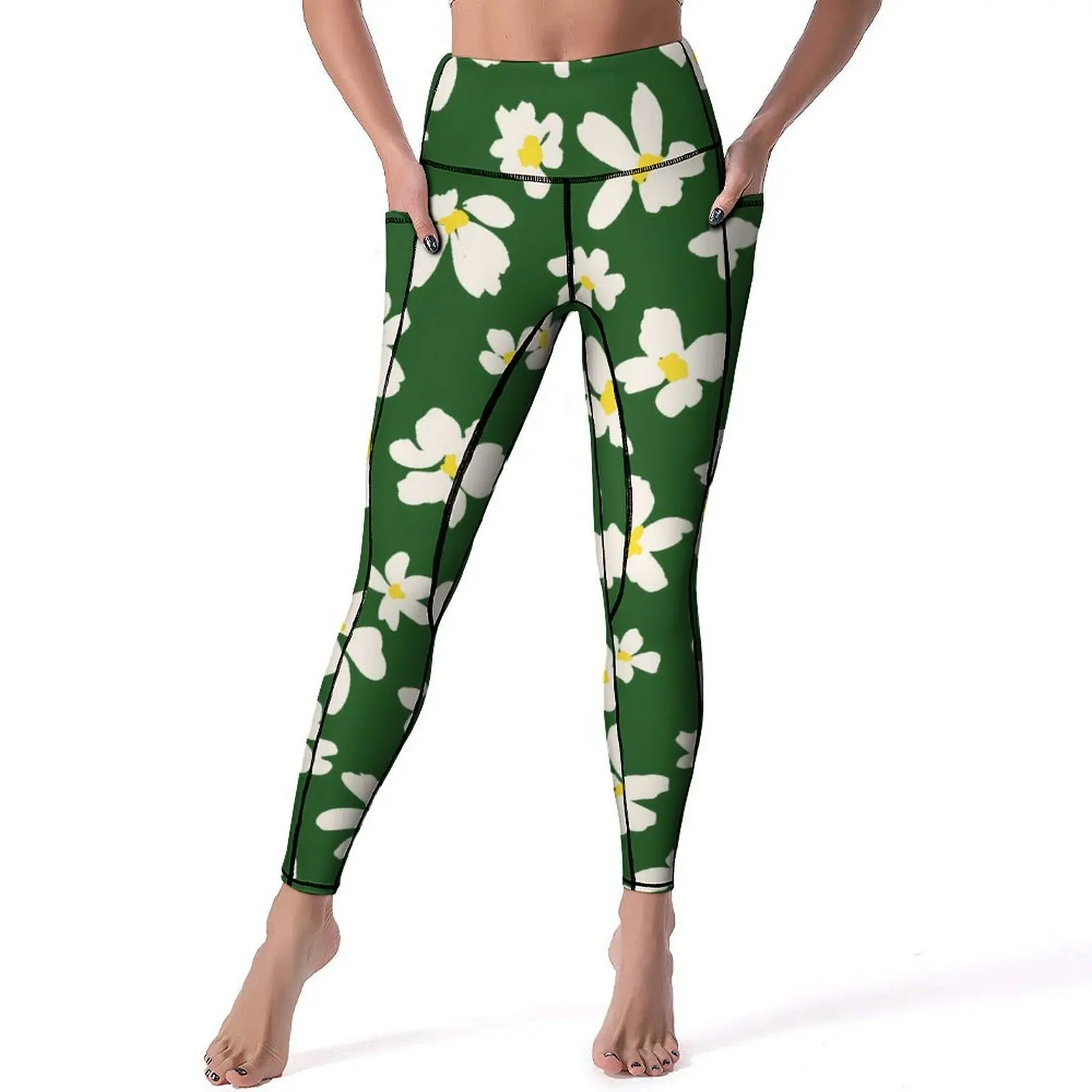 

Daisies Floral Print Yoga Pants Sexy White Flowers Design Leggings High Waist Gym Leggins Female Sweet Stretch Sports Tights