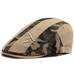 NEW Men Beret Fashion Vintage Embroidery Letter A Flat Cap Cotton Visor Hat For Men Camouflage Patchwork Berets Adjustable