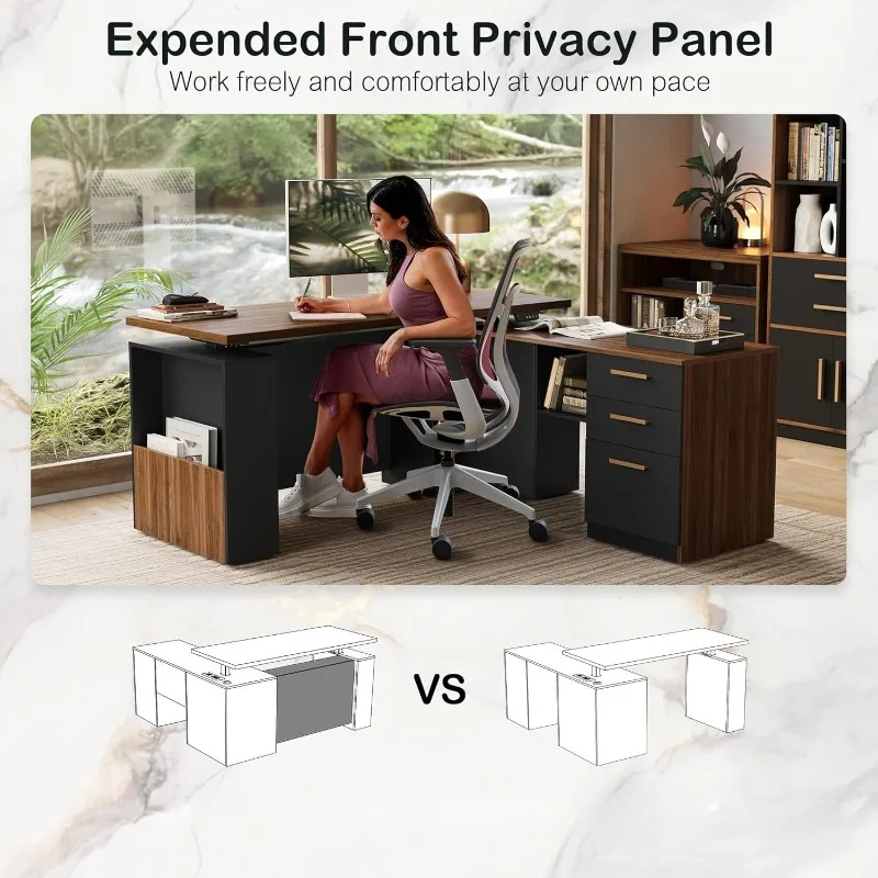 مكتب قائم مقاس 63 بوصة مع خزانة ملفات، لوحة خصوصية، تيار متردد/USB، سطح مكتب مقاس 1.18 بوصة، حامل كهربائي قابل للتعديل على شكل حرف L