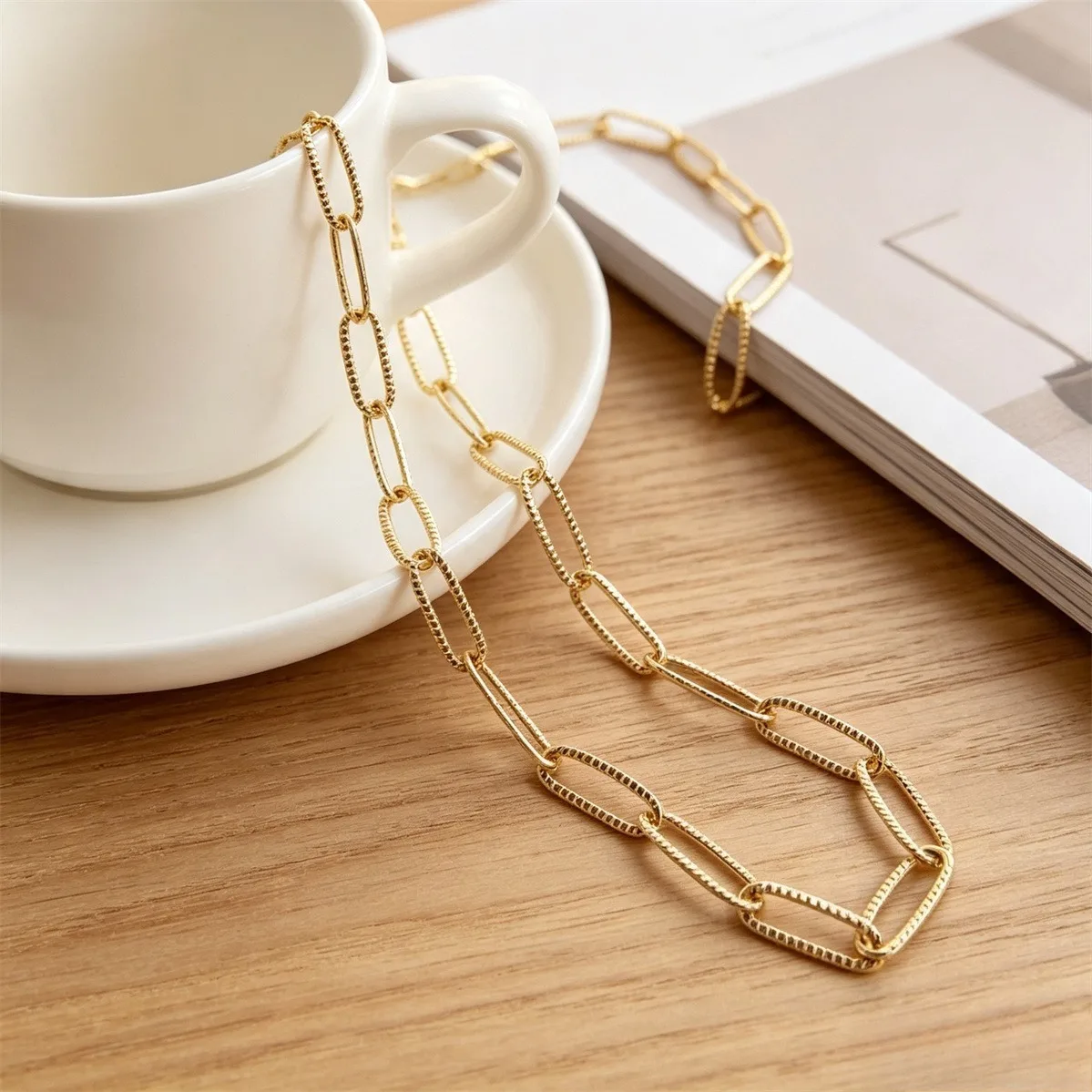 Brass Gold Tone Textured Rectangle Oval O Link Chain DIY Bracelet Jewelry Bulk Chain Findings