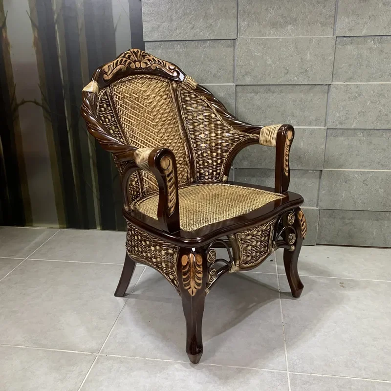 

Retro natural real rattan backrest single balcony casual elderly Chinese solid wood high-end bamboo rattan chair three-piece set