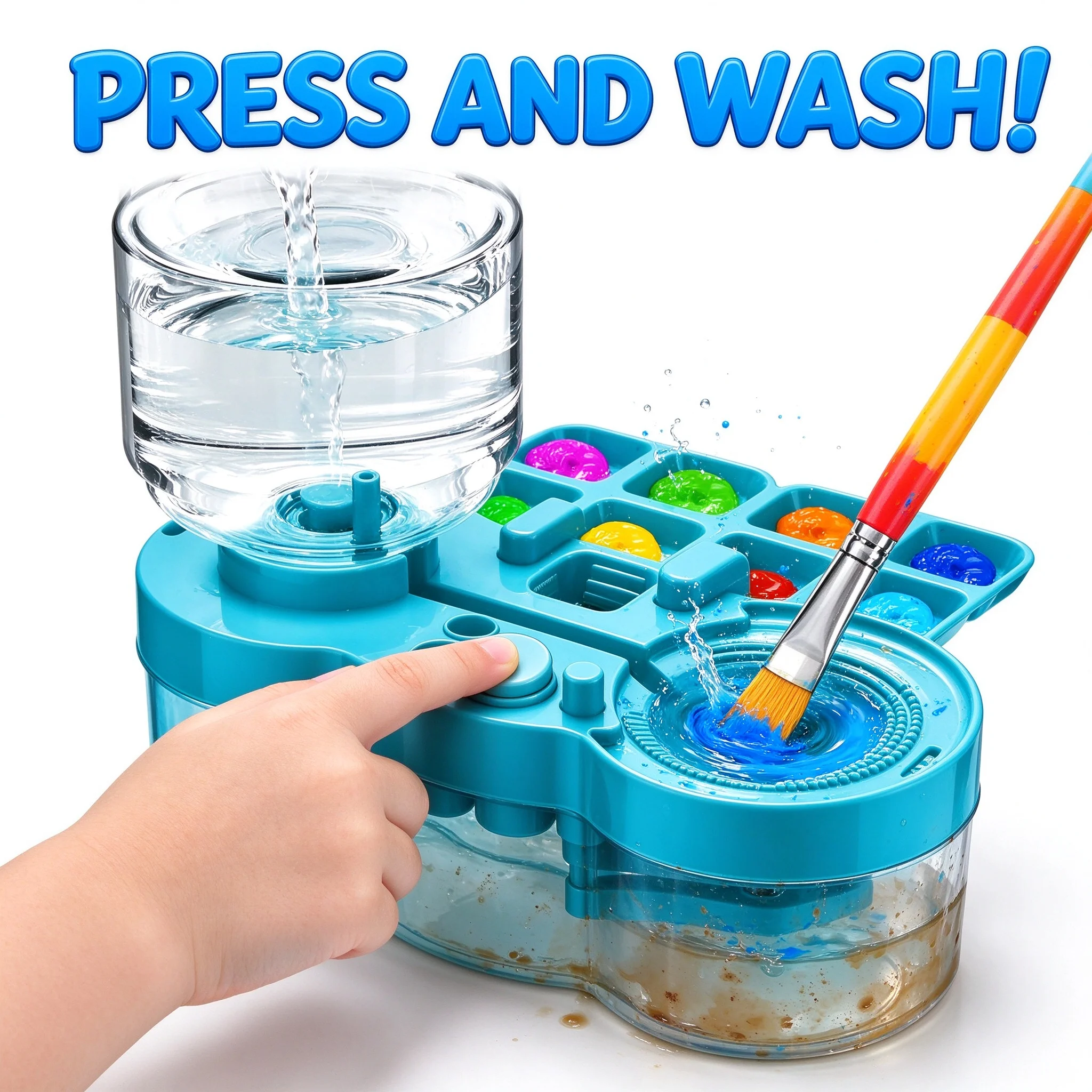 Kids Brush Rinser, One-Touch Circulation Brush Washer with 8-Well Palette, Mess-Free Art Supplies for Little Artists Ages 4+