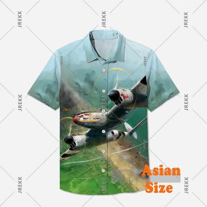 Retro Airplane Theme Print Shirt Men's Clothing Flying Hobby Short Sleeve Button Shirts Street Y2k Summer Fashion Man Blouse