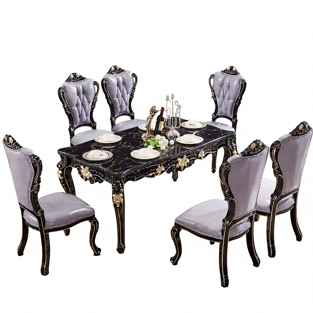 #Hand Gilded Baroque Dining Set European Design Luxury Leather Chairs for Home or Hotel Masterpiece Art Piece for Villa