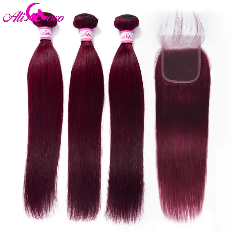 Ali Coco 99j Steil Haar Bundels Met Sluiting Donker Bordeaux Menselijk Haar Bundels Met 5x5 Sluiting Braziliaanse Remy haar Bundels