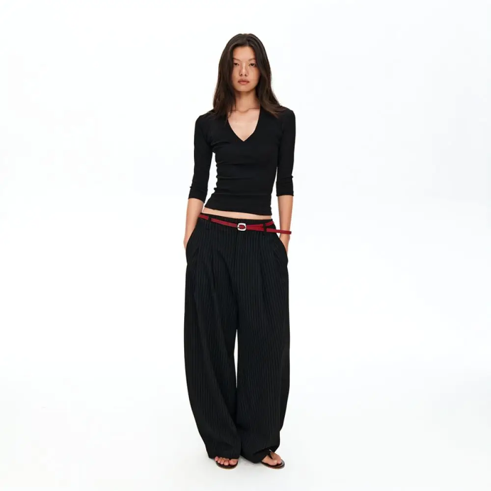 Casual Loose Fit Striped Trousers Women Mid Waist Scythe Pants Modern Elegant Comfortable Daily Wear Bottoms