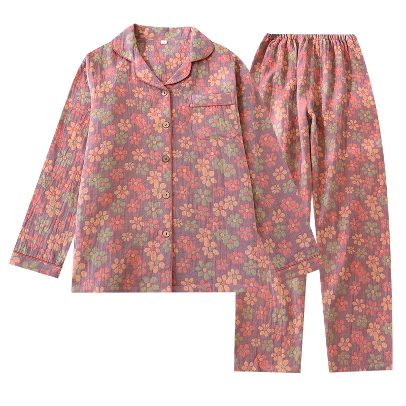 Lente/Herfst Dames Pyjama Etnische Stijl Bloemen Lange Mouw Home Wear Set Katoen Dubbel Gaas Loungewear Vrouwen 2 Delige Sets