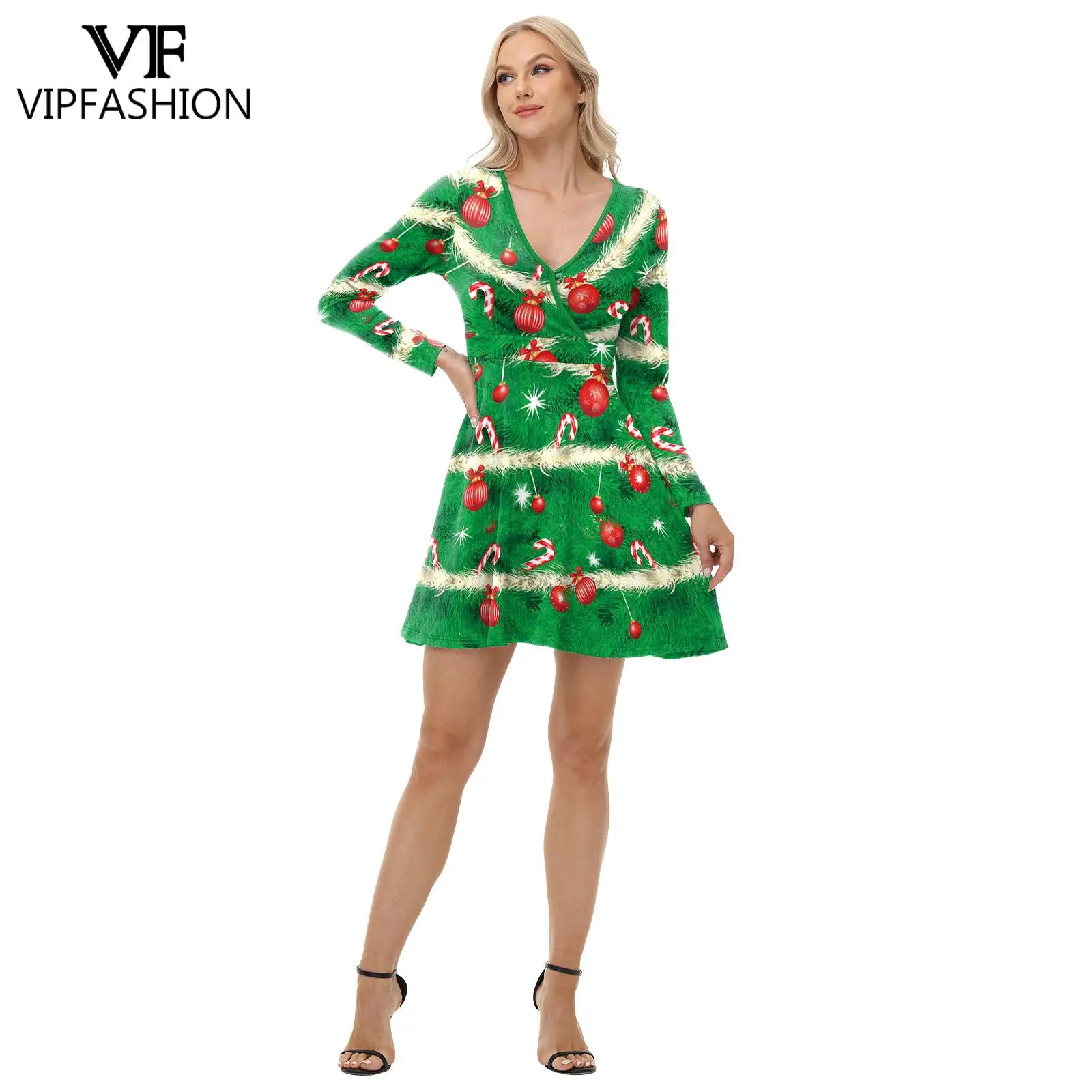 Vip moda verde vestido de árvore de natal para mulheres 3d impressão digital com decote em v vestidos de festa sexy vestido fino ano novo carnaval outfit