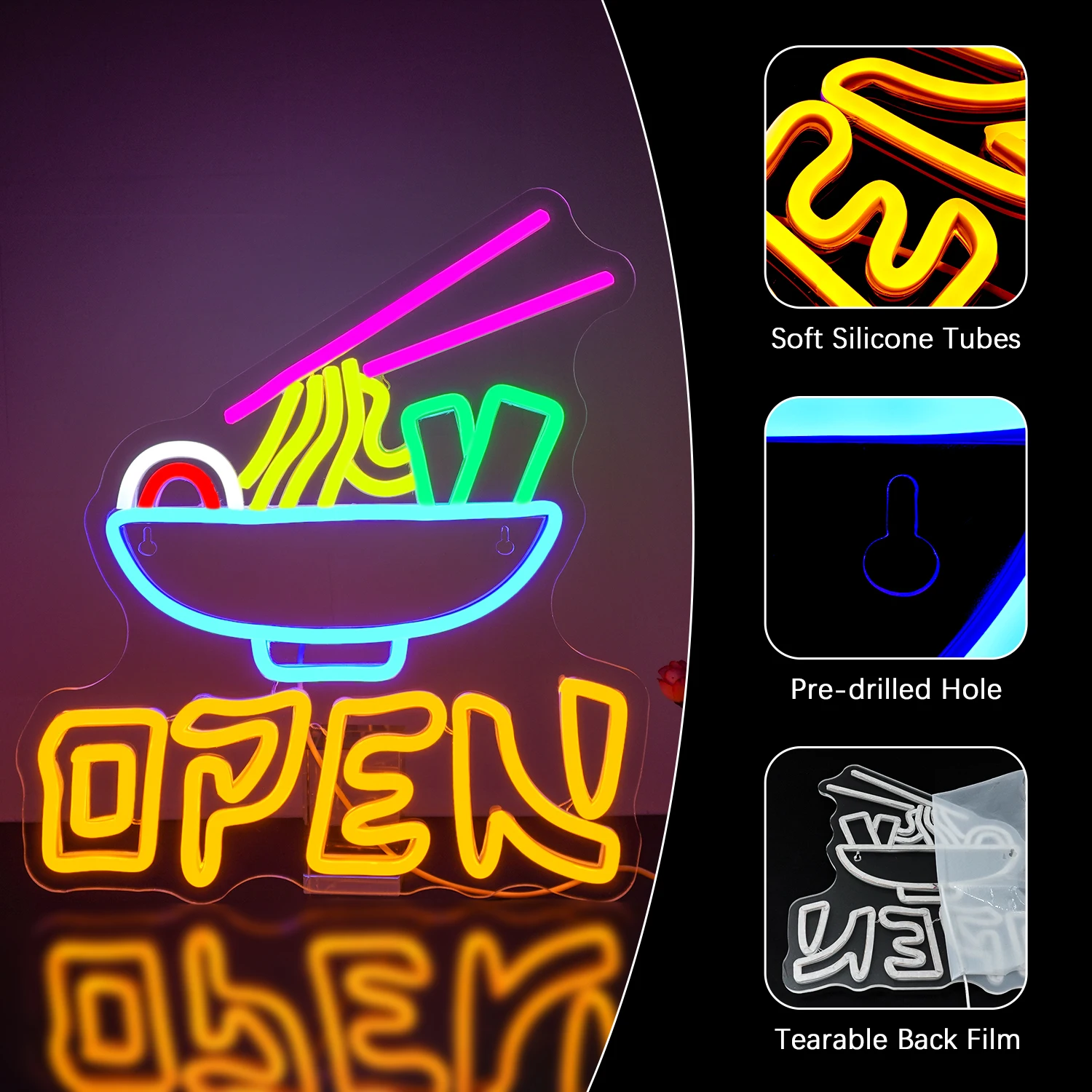 Imagem -03 - Open Ramen Neon Sign Wall Decor Ramen Japonês Regulável Luz Led Colorida Restaurante Cozinha Fast Food Bar Clube Presente de Festa