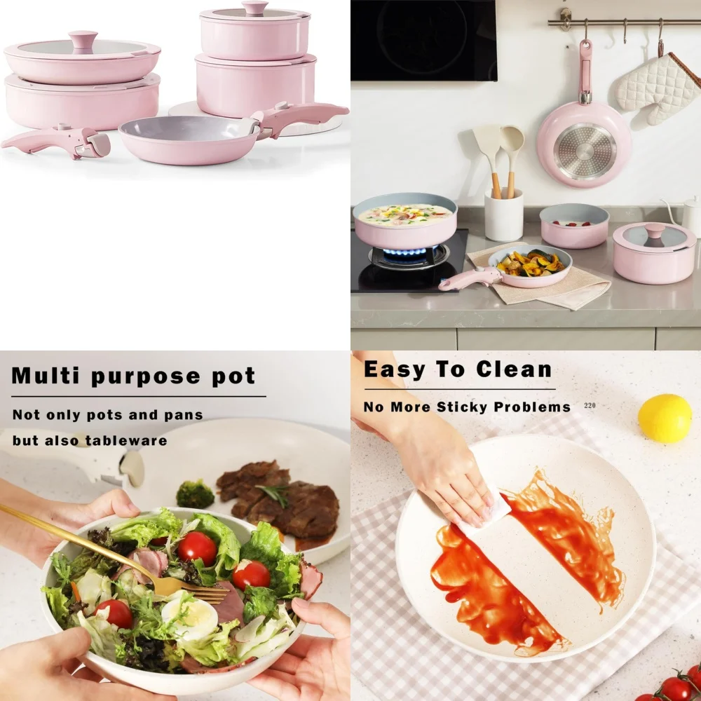 

Cookware SetsPink Non Stick Cookware Set with Removable Handle Ceramic Pots and Pans