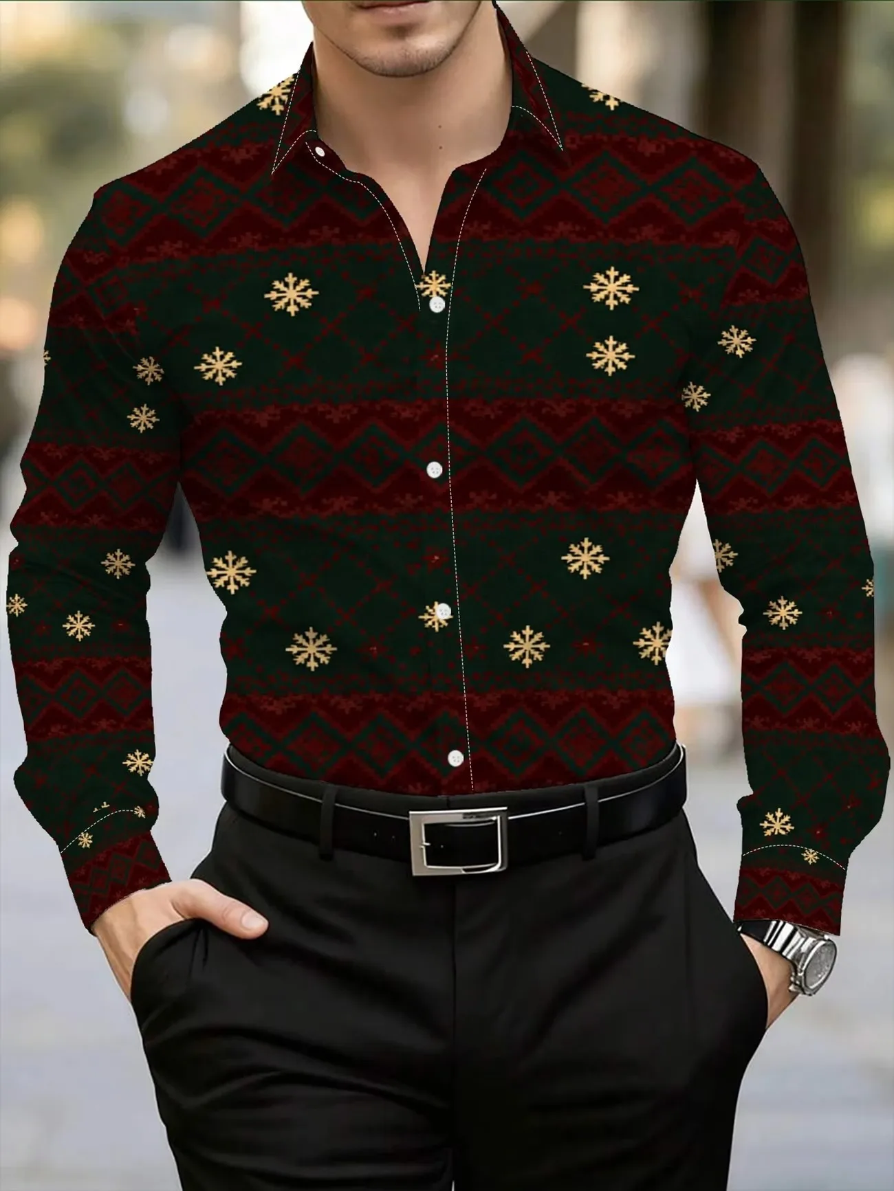 New men's wine red background gold Baroque patterned long sleeved shirt with retro collar and slim fit men's top