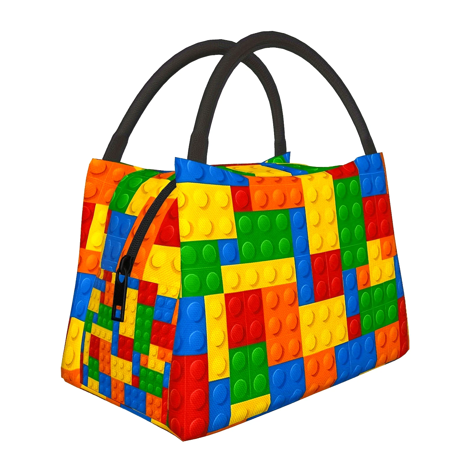 

Красочная сумка для обеда с принтом строительных блоков, изолированная сумка-холодильник с забавным кирпичным узором, многоразовая герметичная сумка-тоут для школы и пикника