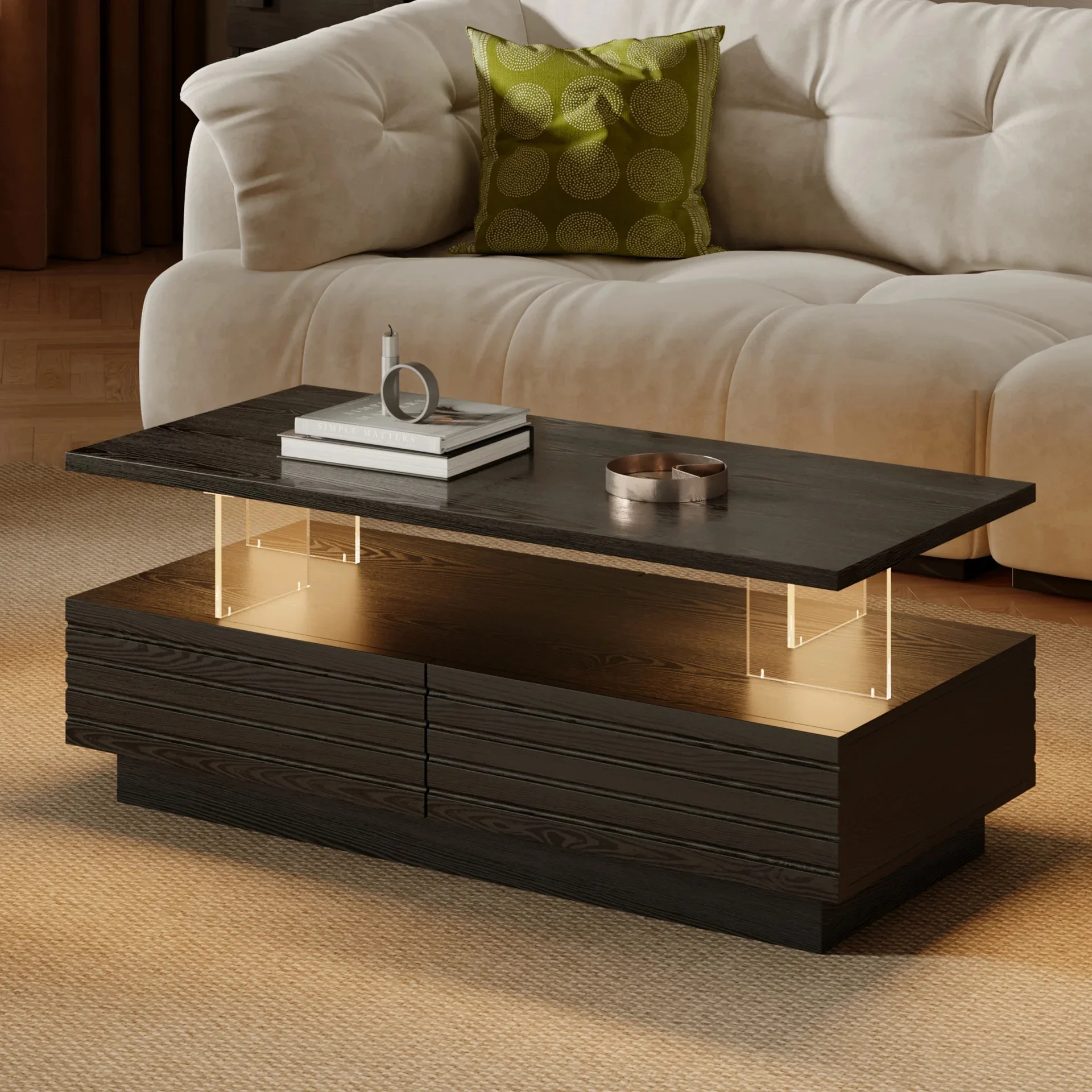

47 modern black rectangular acrylic LED light coffee table with 2 drawers living room storage