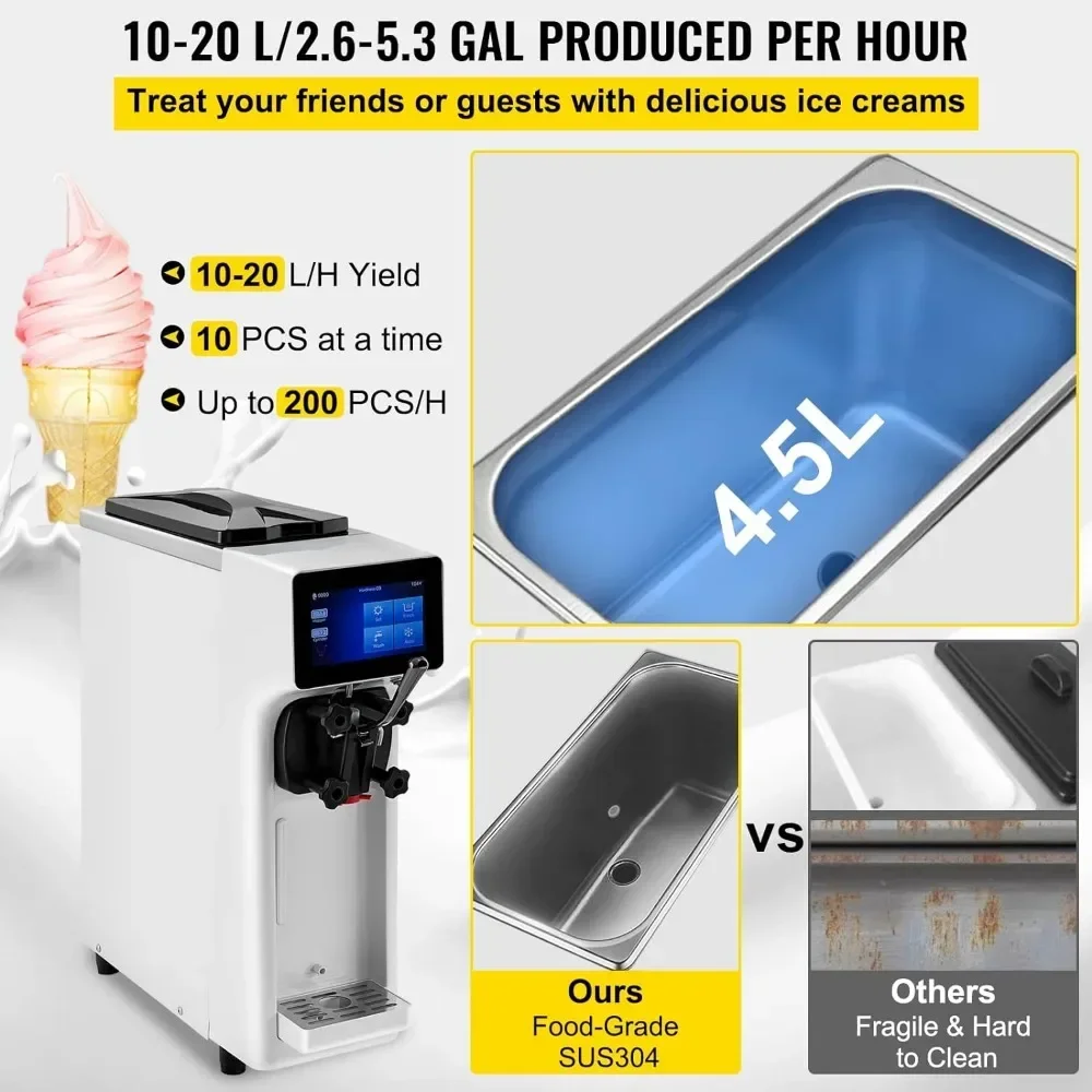 Commercial Ice Cream Maker, Countertop Soft Serve Machine with 4.5L Hopper 1.6L Cylinder Touch Screen Puffing Shortage Alarm