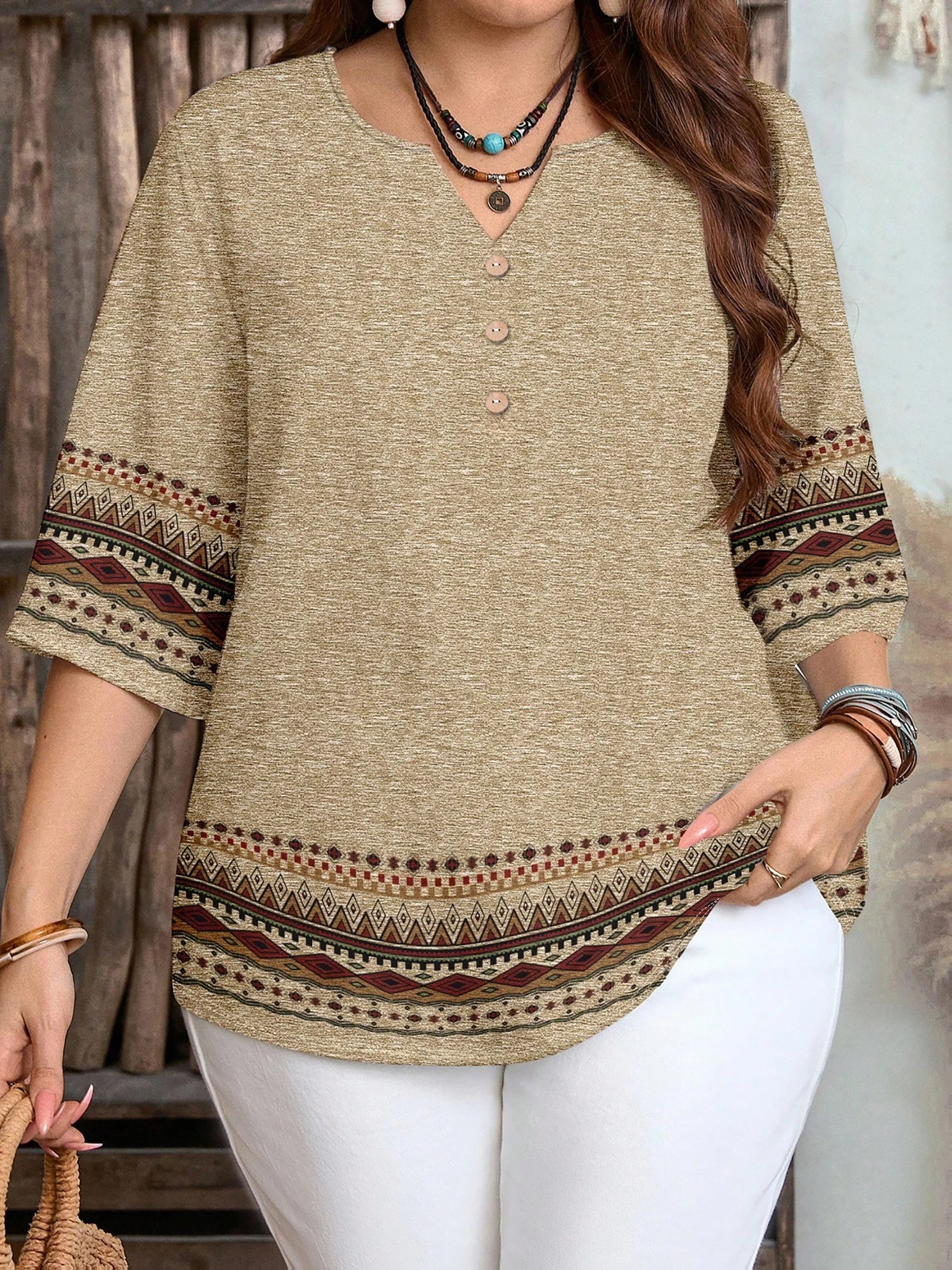Plus Size Women's Casual Button-Up Top with Unique Patterned Sleeves and Hemline Design